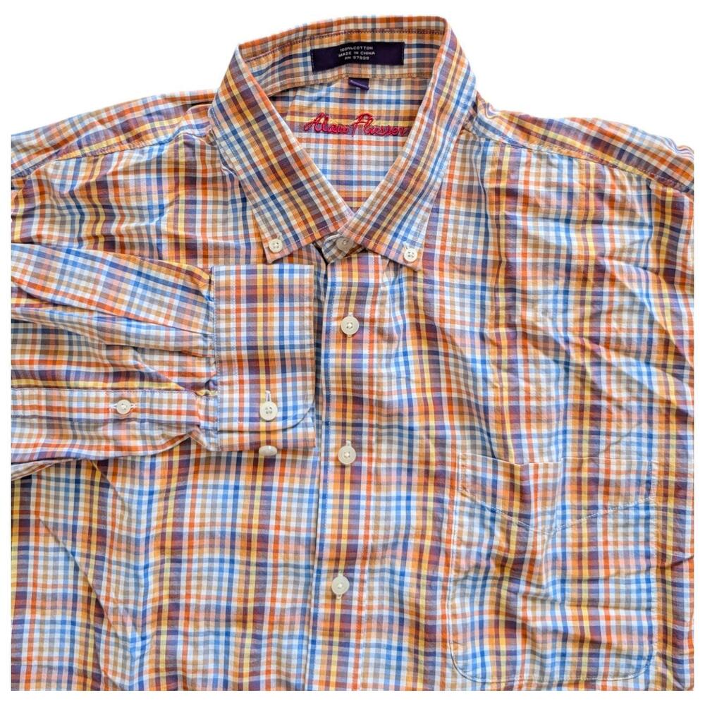 Alan Flusser Shirt‎ Mens Extra Large Blue Orange Plaid Button Down Long Sleeve